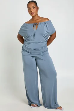 Ensemble Grande Taille Haut Épaules Dénudées Avec Détail Nœud Et Pantalon Large En Modal