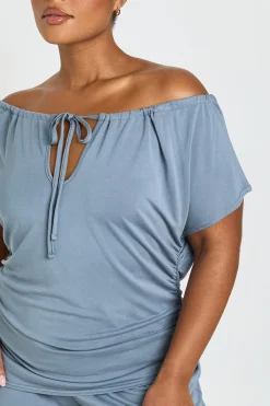 Ensemble Grande Taille Haut Épaules Dénudées Avec Détail Nœud Et Pantalon Large En Modal