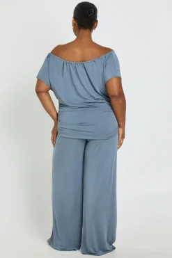 Ensemble Grande Taille Haut Épaules Dénudées Avec Détail Nœud Et Pantalon Large En Modal