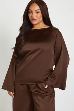 Ensemble Grande Taille Haut Satiné Col Bateau Ample et Pantalon Large