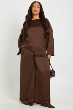 Ensemble Grande Taille Haut Satiné Col Bateau Ample et Pantalon Large