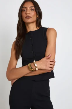 Ensemble Grande Taille Haut Sans Manches Côtelé Froissé À Boutonnière Et Pantalon