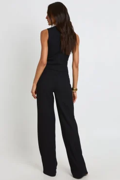 Ensemble Grande Taille Haut Sans Manches Côtelé Froissé À Boutonnière Et Pantalon