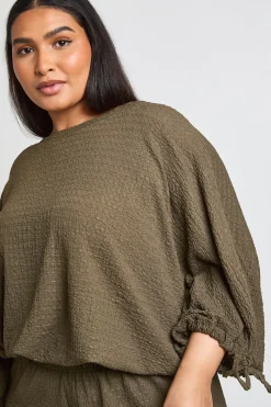 Ensemble Grande Taille Haut Texturé À Manches Froncées Et Ourlet Ballon & Pantalon Large