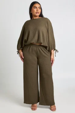 Ensemble Grande Taille Haut Texturé À Manches Froncées Et Ourlet Ballon & Pantalon Large
