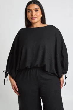 Ensemble Grande Taille Haut Texturé À Manches Froncées Et Ourlet Ballon Avec Pantalon Large
