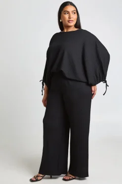 Ensemble Grande Taille Haut Texturé À Manches Froncées Et Ourlet Ballon Avec Pantalon Large