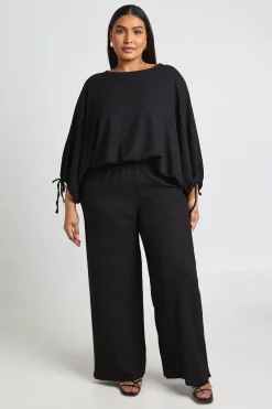Ensemble Grande Taille Haut Texturé À Manches Froncées Et Ourlet Ballon Avec Pantalon Large