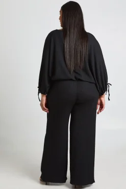 Ensemble Grande Taille Haut Texturé À Manches Froncées Et Ourlet Ballon Avec Pantalon Large