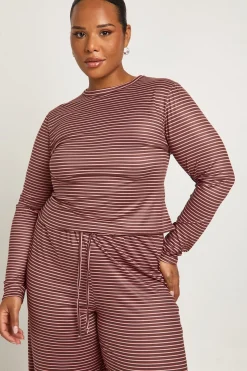 Ensemble Grande Taille Rayé Haut Ajusté Manches Longues et Pantalon Large