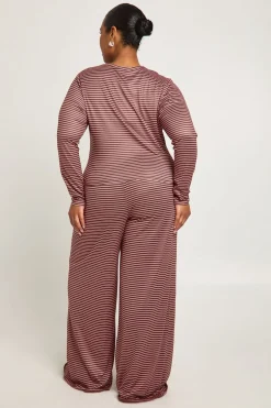 Ensemble Grande Taille Rayé Haut Ajusté Manches Longues et Pantalon Large