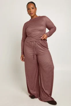 Ensemble Grande Taille Rayé Haut Ajusté Manches Longues et Pantalon Large