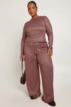 Ensemble Grande Taille Rayé Haut Ajusté Manches Longues et Pantalon Large