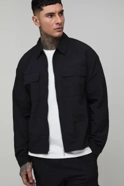 Ensemble Grande Taille Surchemise Cargo Regular En Nylon Enduit Et Short Décontracté