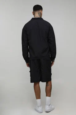 Ensemble Grande Taille Surchemise Cargo Regular En Nylon Enduit Et Short Décontracté