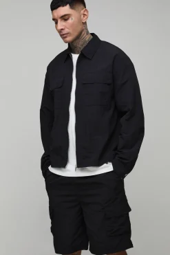 Ensemble Grande Taille Surchemise Cargo Regular En Nylon Enduit Et Short Décontracté