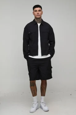 Ensemble Grande Taille Surchemise Cargo Regular En Nylon Enduit Et Short Décontracté