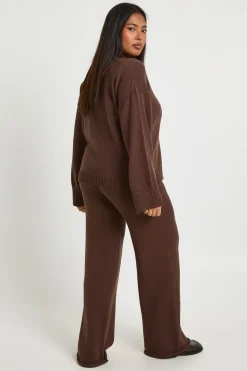boohoo Ensemble Grande Taille synthétiquell à Col Boutonné et Pantalon Droit Coordonné<Femme Looks Chocolat|Ensembles