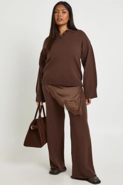 boohoo Ensemble Grande Taille synthétiquell à Col Boutonné et Pantalon Droit Coordonné<Femme Looks Chocolat|Ensembles