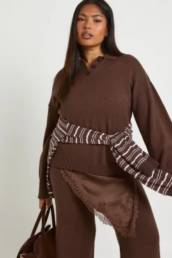 boohoo Ensemble Grande Taille synthétiquell à Col Boutonné et Pantalon Droit Coordonné<Femme Looks Chocolat|Ensembles