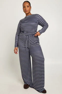 Ensemble Grande Taille Top Ajusté à Manches Longues et Pantalon Large à Rayures