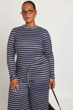 Ensemble Grande Taille Top Ajusté à Manches Longues et Pantalon Large à Rayures