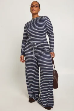 Ensemble Grande Taille Top Ajusté à Manches Longues et Pantalon Large à Rayures