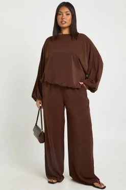 Ensemble Grande Taille Top Ballon et Pantalon Large en Crêpe Tissé