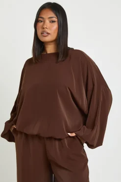 Ensemble Grande Taille Top Ballon et Pantalon Large en Crêpe Tissé