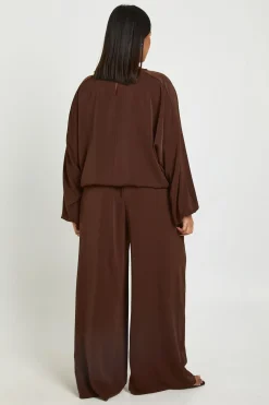 Ensemble Grande Taille Top Ballon et Pantalon Large en Crêpe Tissé