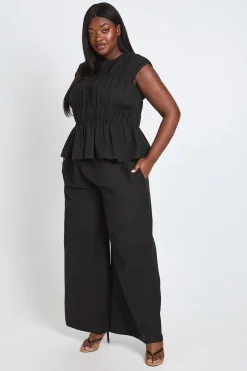 Ensemble Grande Taille Top Col Montant Froncé Et Pantalon Jambes Larges