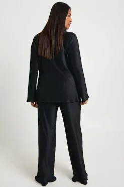 Ensemble Grande Taille Top Col Bateau Plissé Manches Longues et Pantalon Large