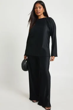 Ensemble Grande Taille Top Col Bateau Plissé Manches Longues et Pantalon Large