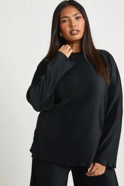 Ensemble Grande Taille Top Col Bateau Plissé Manches Longues et Pantalon Large