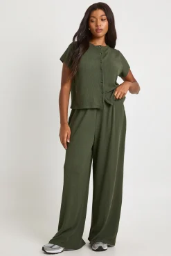 boohoo Ensemble Grande Taille Top Côtelé Froissé Boutonné À Manches Courtes Et Pantalon<Femme Ensembles