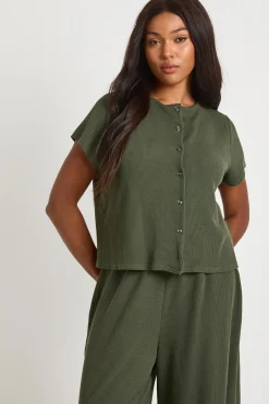boohoo Ensemble Grande Taille Top Côtelé Froissé Boutonné À Manches Courtes Et Pantalon<Femme Ensembles
