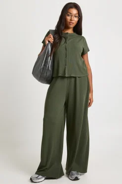 boohoo Ensemble Grande Taille Top Côtelé Froissé Boutonné À Manches Courtes Et Pantalon<Femme Ensembles