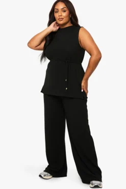 Ensemble Grande Taille Tunique Brossée Avec Ceinture À Nouer Et Pantalon Large