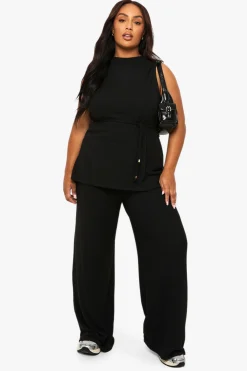 Ensemble Grande Taille Tunique Brossée Avec Ceinture À Nouer Et Pantalon Large