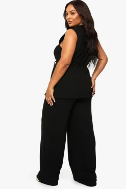 Ensemble Grande Taille Tunique Brossée Avec Ceinture À Nouer Et Pantalon Large