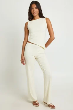 Ensemble Haut Asymétrique Et Pantalon Droit En Maille Côtelée Ultra Douce