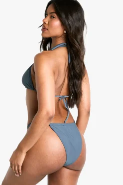 Ensemble Haut Bikini Triangle à Fronces et Garniture de Perles & Bas Bikini Tanga