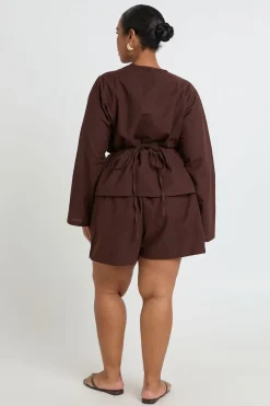 Ensemble Haut Cache-cœur Manches Longues & Short Évasé Aspect Lin Grande Taille