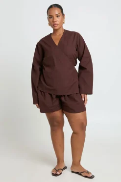 Ensemble Haut Cache-cœur Manches Longues & Short Évasé Aspect Lin Grande Taille