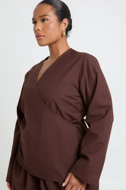 Ensemble Haut Cache-cœur Manches Longues & Short Évasé Aspect Lin Grande Taille
