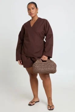 Ensemble Haut Cache-cœur Manches Longues & Short Évasé Aspect Lin Grande Taille