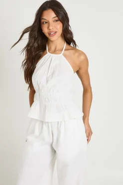 Ensemble Haut Col Halter Froncé Et Pantalon Large À Jambes Larges Aspect Lin
