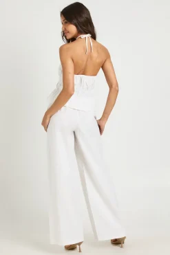 Ensemble Haut Col Halter Froncé Et Pantalon Large À Jambes Larges Aspect Lin