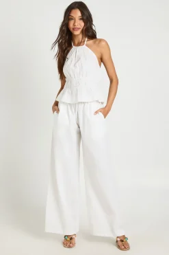 Ensemble Haut Col Halter Froncé Et Pantalon Large À Jambes Larges Aspect Lin