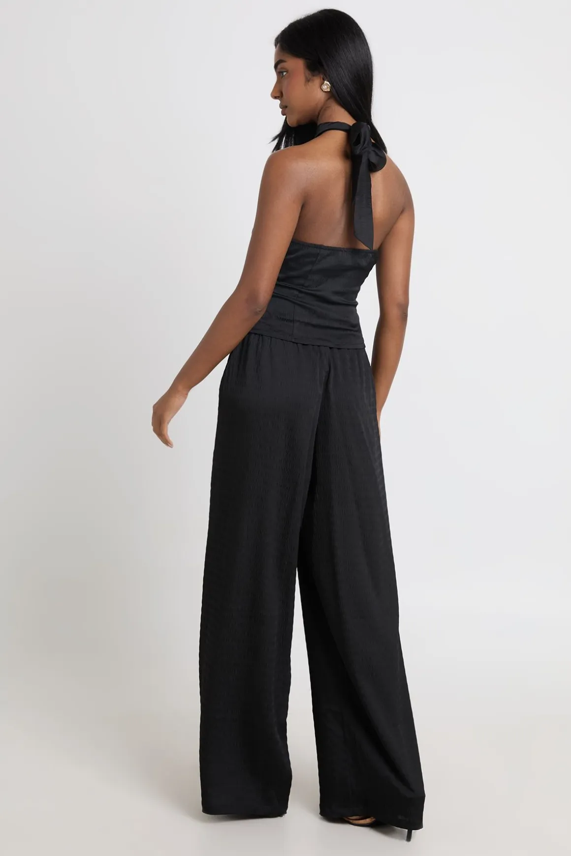 Ensemble Haut Col Montant Et Pantalon Large En Tissu Texturé Tissé